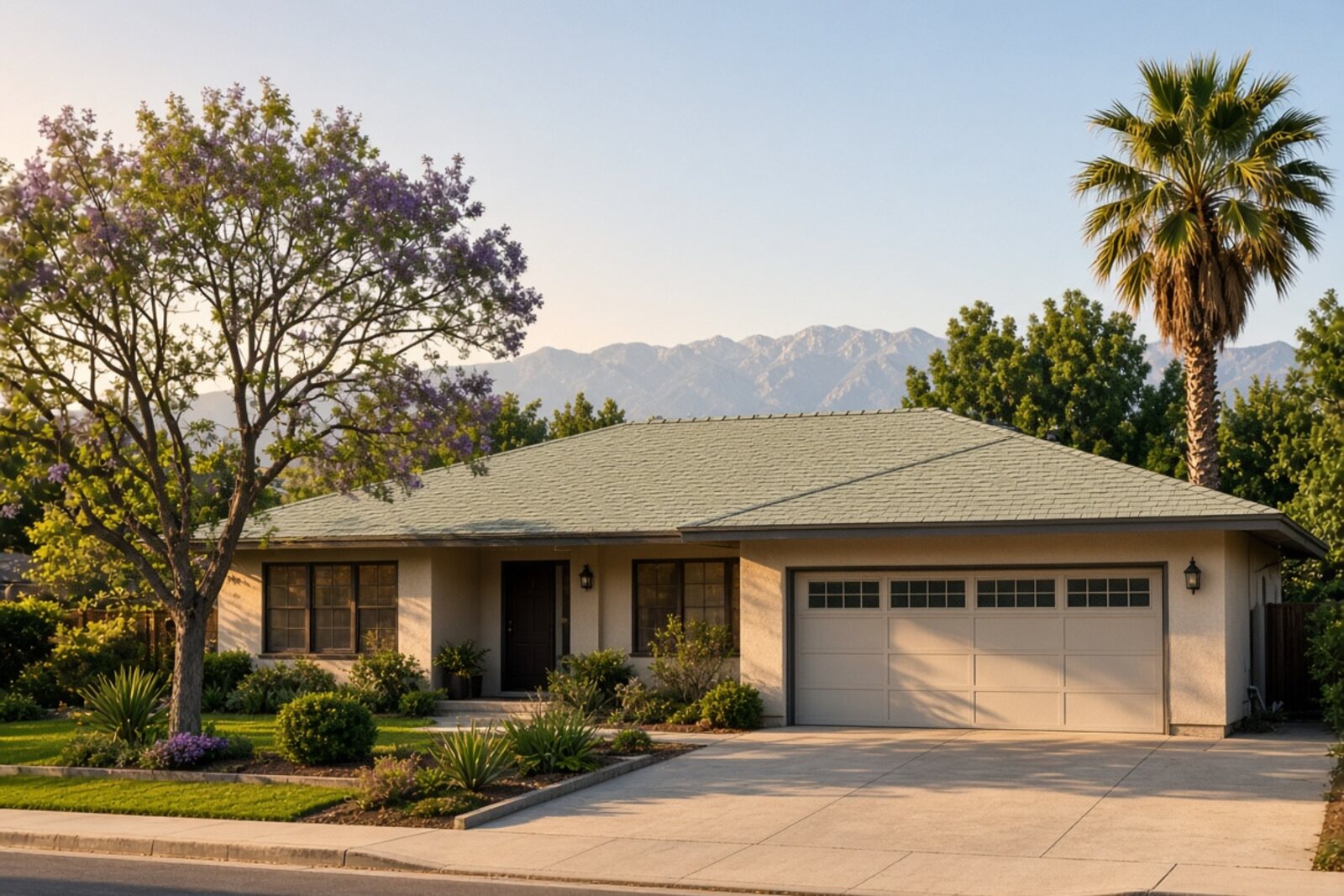 Cool-roof architectural shingles on a Mission Hills ranch home with the San Gabriel Mountains behind it