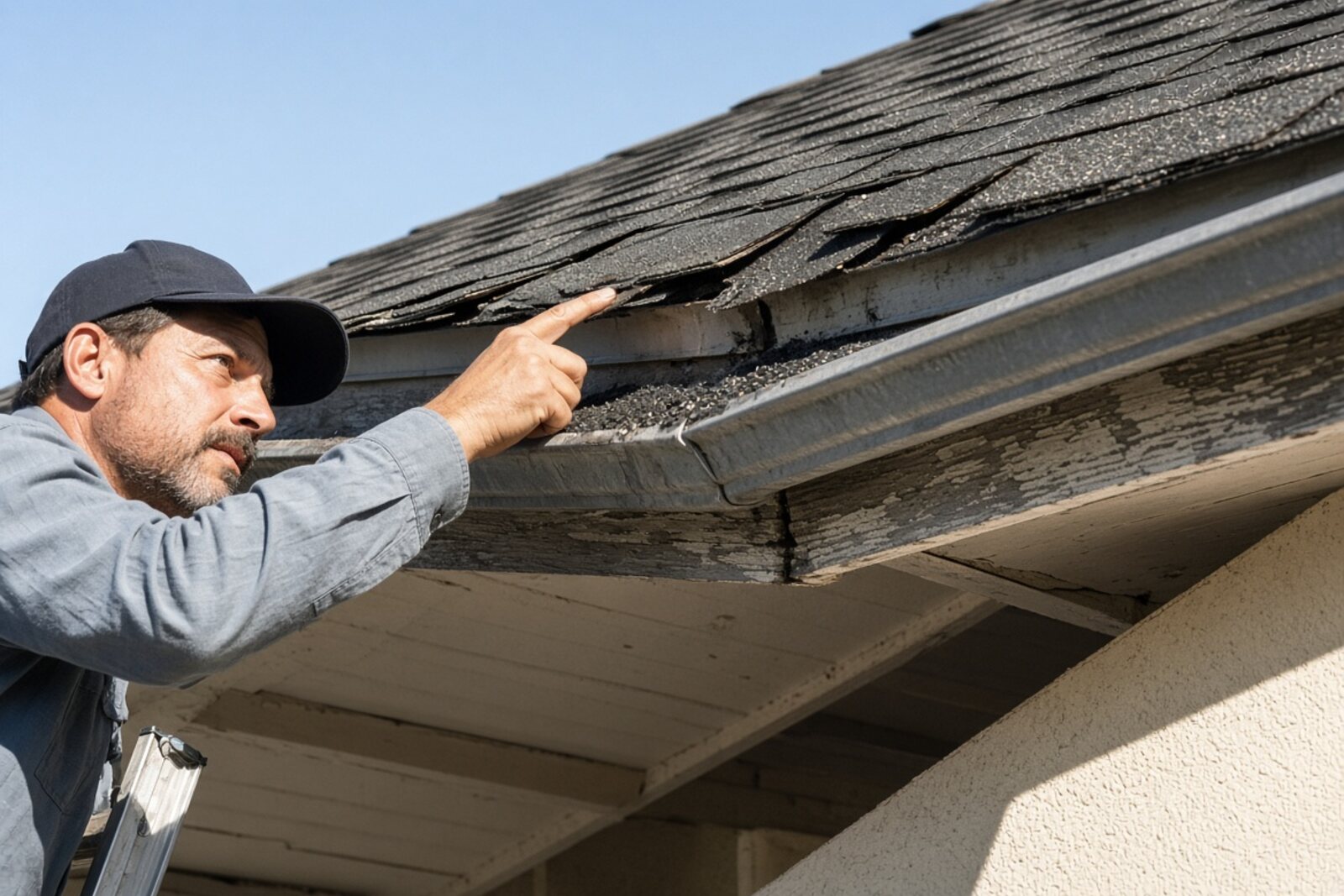Inspector pointing at curling asphalt shingles and granule loss on a Los Angeles Valley roof
