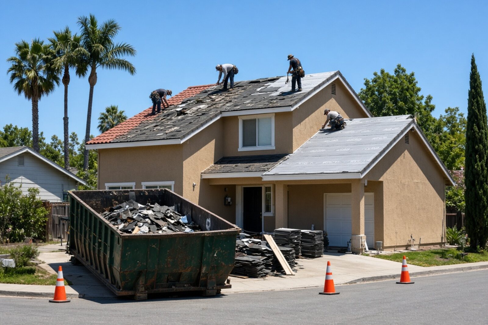 Roof replacement crew tearing off shingles on a two-story San Fernando Valley home with a dumpster in the driveway