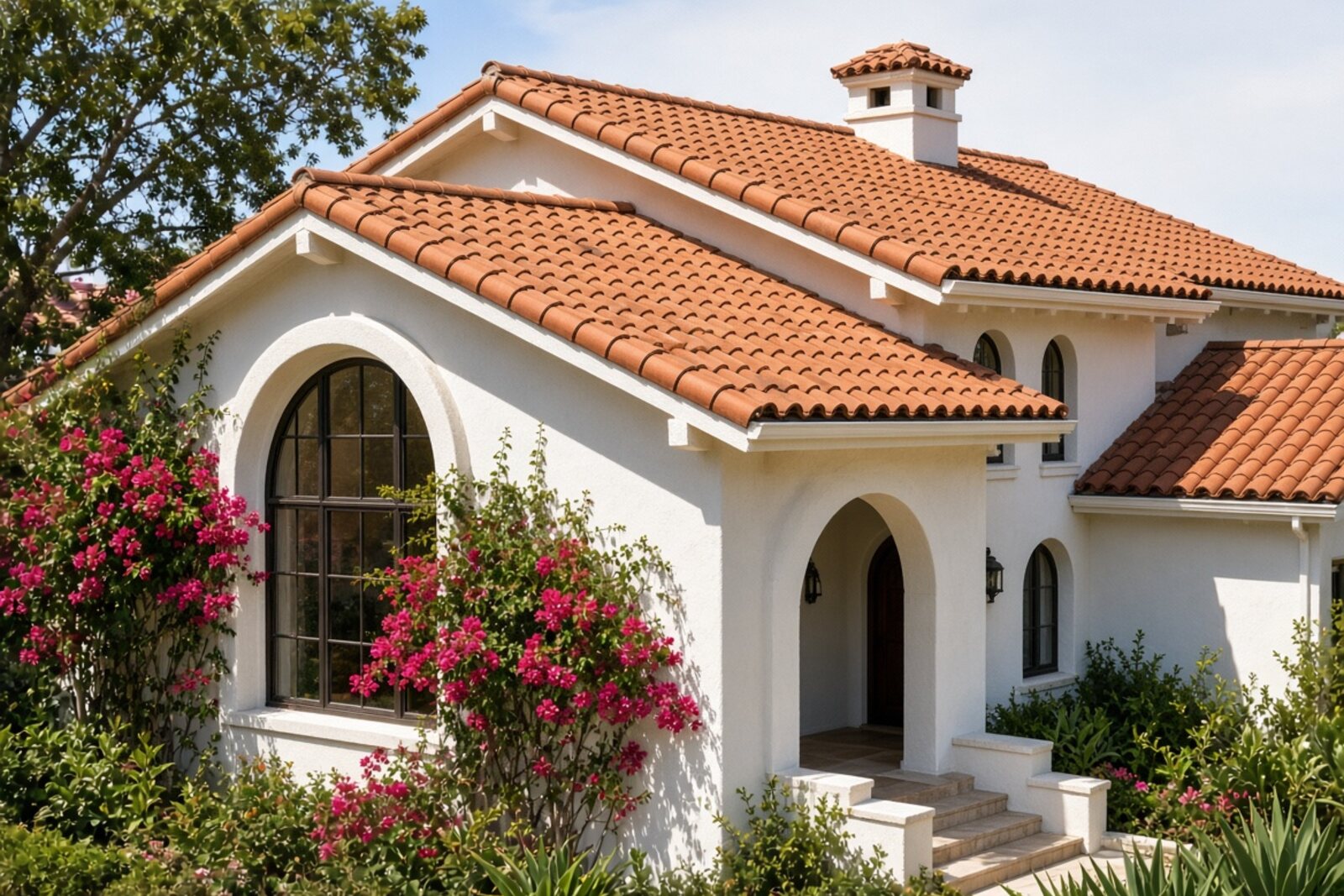 New clay barrel tile roof on a Spanish Colonial Revival home in Los Angeles with bougainvillea
