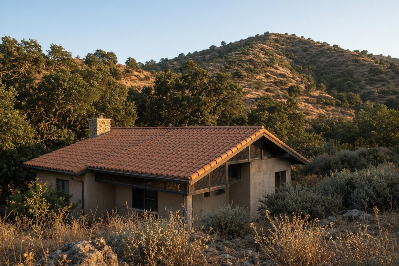 Class A concrete tile roof on a foothill home in a dry Los Angeles wildfire-prone landscape