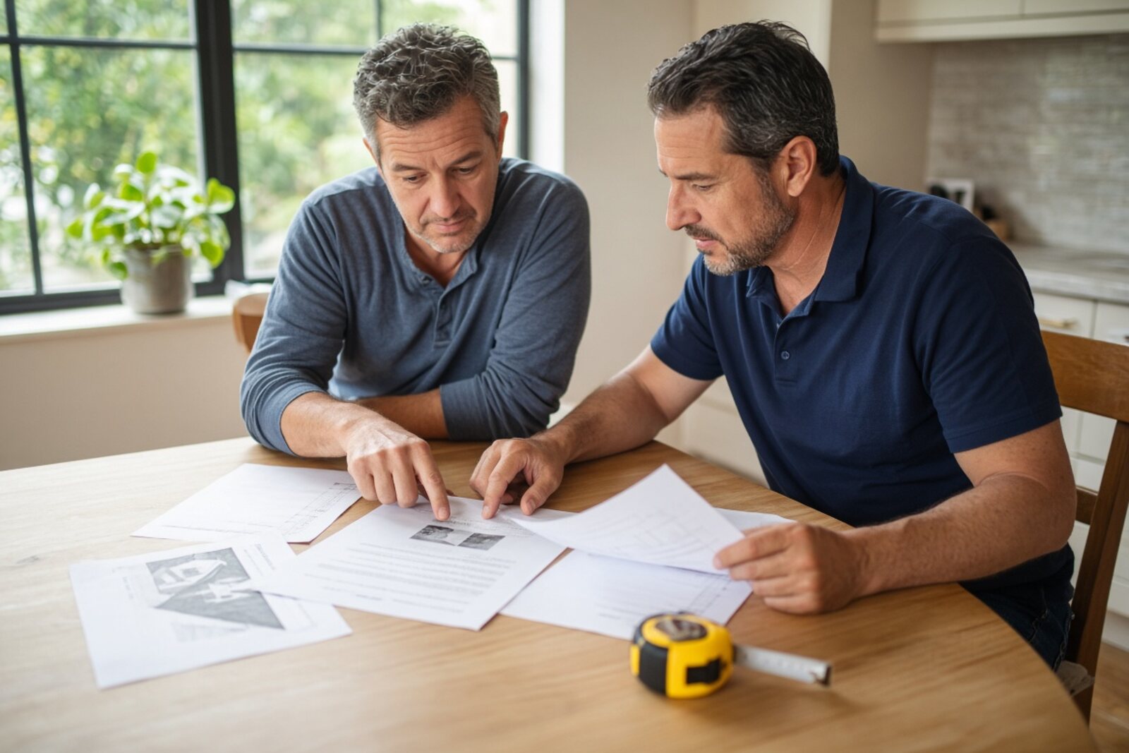 Los Angeles homeowner reviewing a roofing estimate and contract at the kitchen table with a tape measure