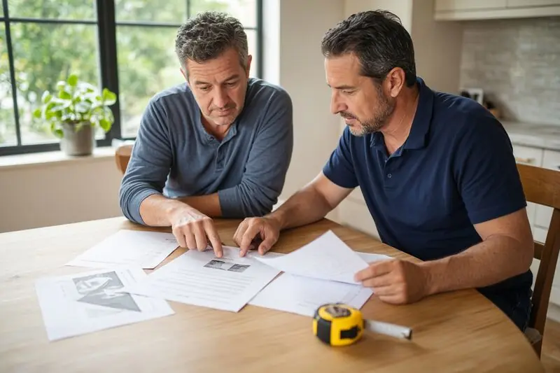 Los Angeles homeowner reviewing a roofing estimate and contract at the kitchen table with a tape measure