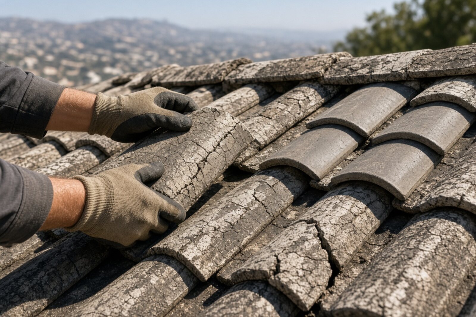 Roofer in work gloves lifting cracked weathered concrete tiles on a Los Angeles roof