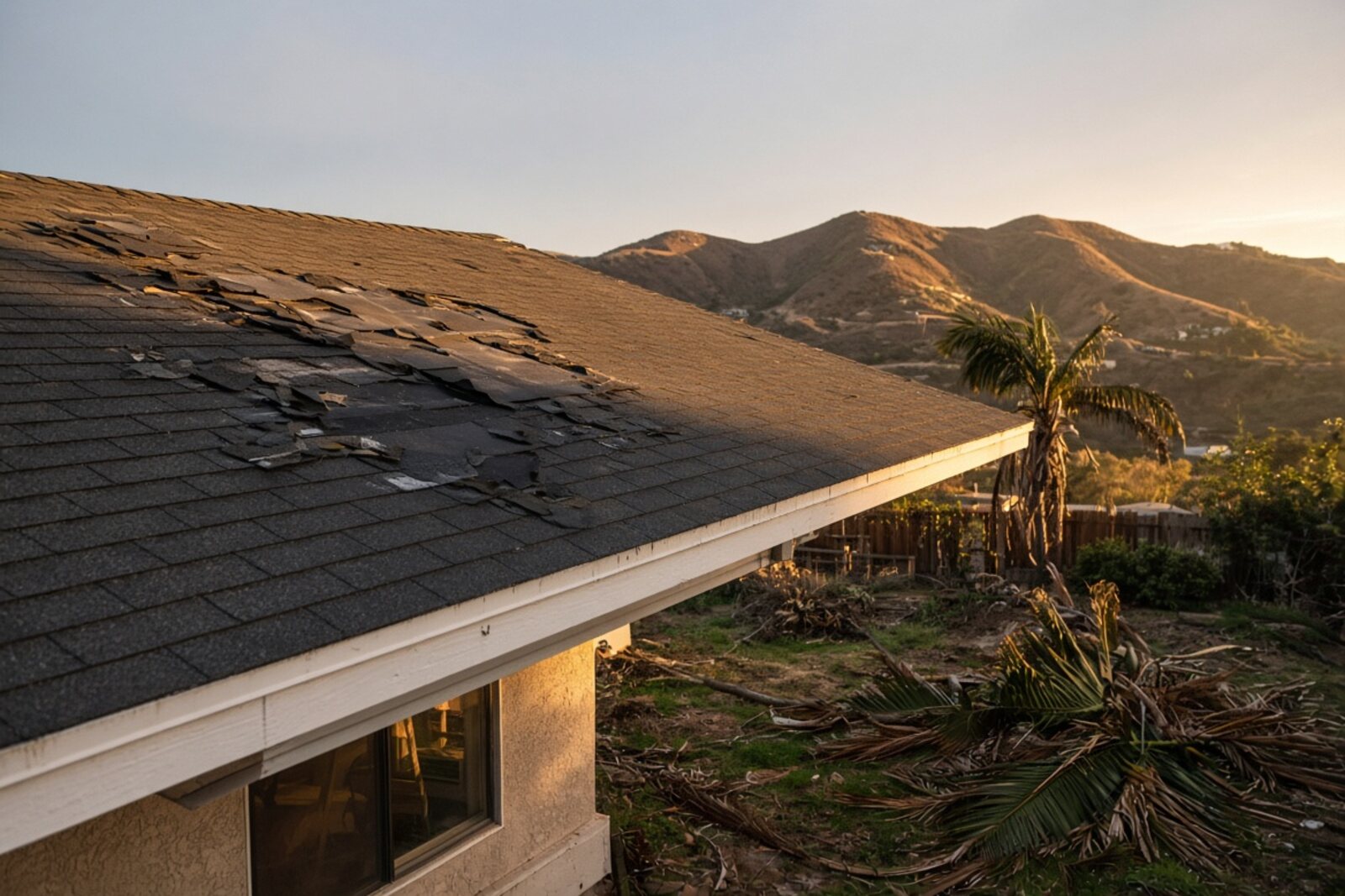 Missing asphalt shingles on a Los Angeles ranch roof after Santa Ana winds with dry hills behind