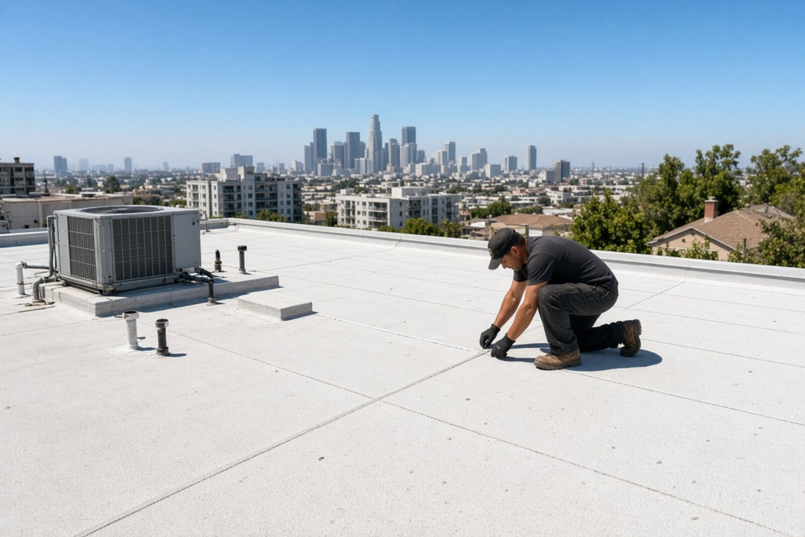 Roofer inspecting seams on a white TPO flat roof with the Los Angeles skyline in the distance