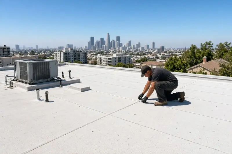 Roofer inspecting seams on a white TPO flat roof with the Los Angeles skyline in the distance