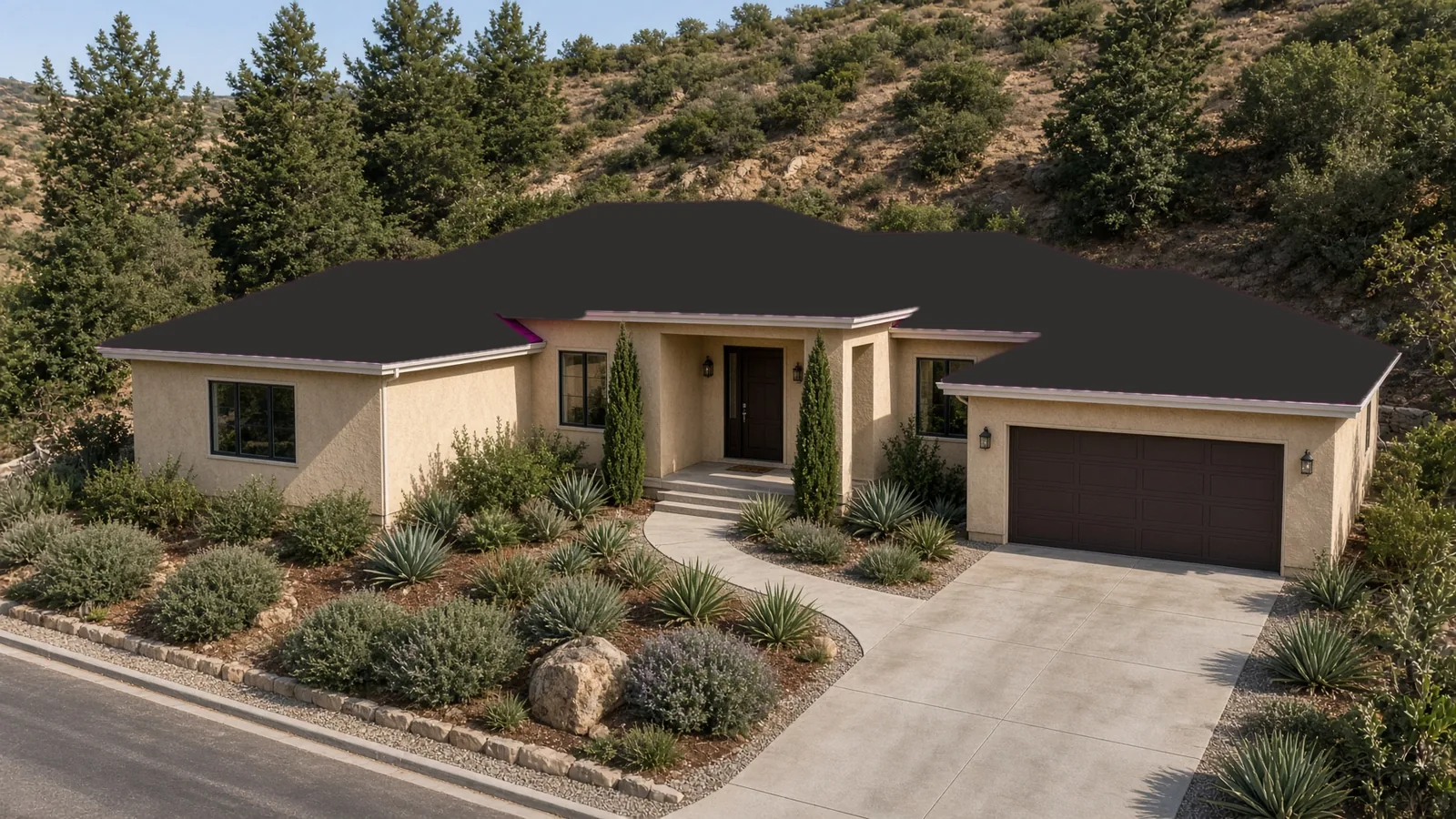 Hillside ranch with a Sierra Gray roof